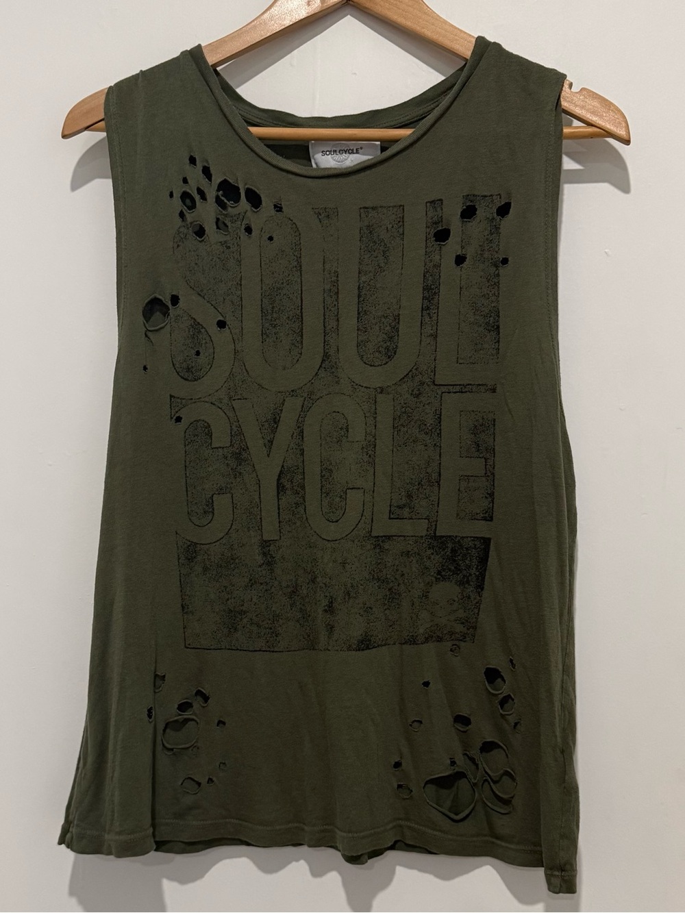 SoulCycle Distressed Graphic Muscle Tank Olive Green Sleeveless Workout sz S